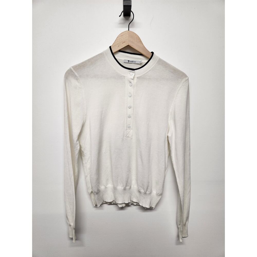 T By Alexander Wang Women's White Cotton Knit Sweater, With Black Trim, Size Lg